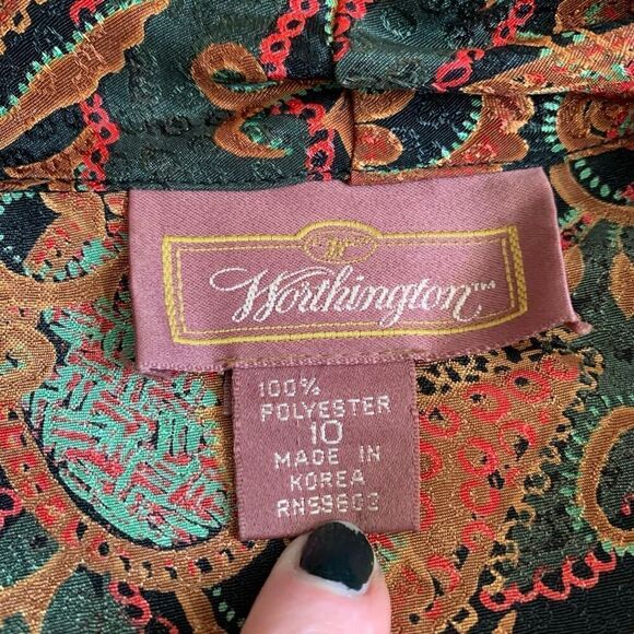 Vintage Worthington Brown Black Paisley Satin Blouse Button Down Medium - Picture 3 of 7